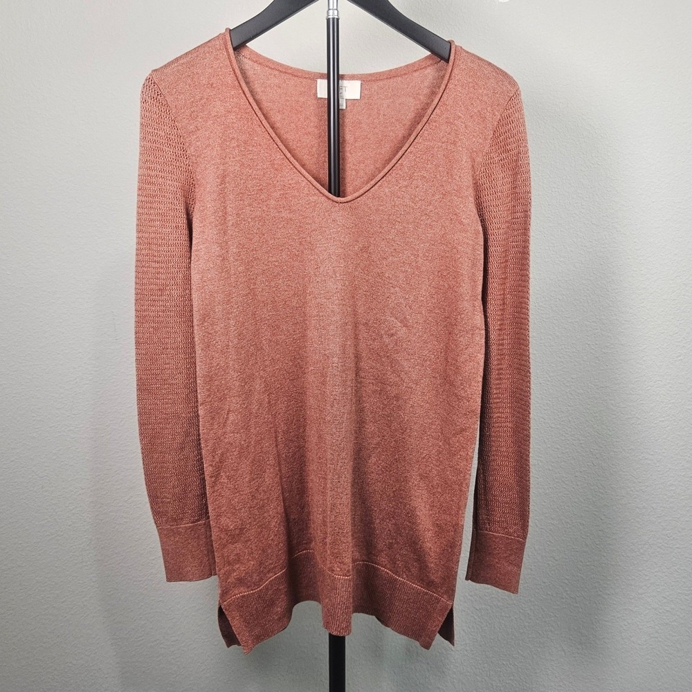 Loft Outlet Tunic Sweater Women XS Terracotta V-Neck Pointelle‎ Sleeve Boho Chic